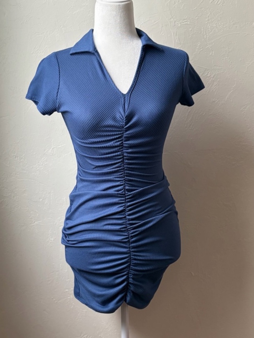Ruched Collared Ribbed Dress- Blue